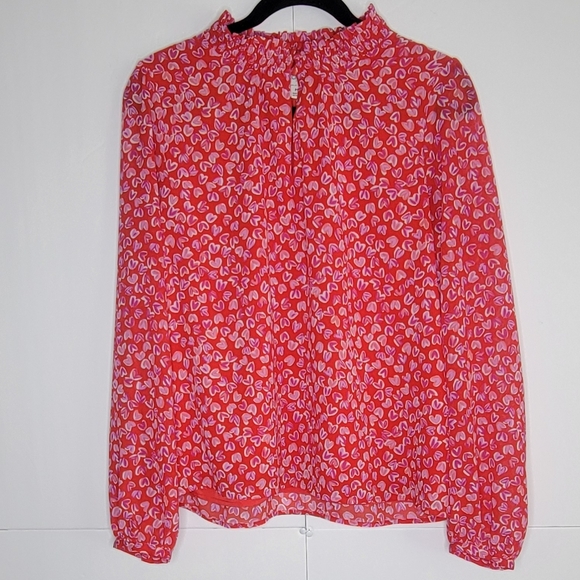 J.Crew Heart Print Blouse Women’s M Red Pink Long Sleeve Romantic Top - Picture 2 of 9